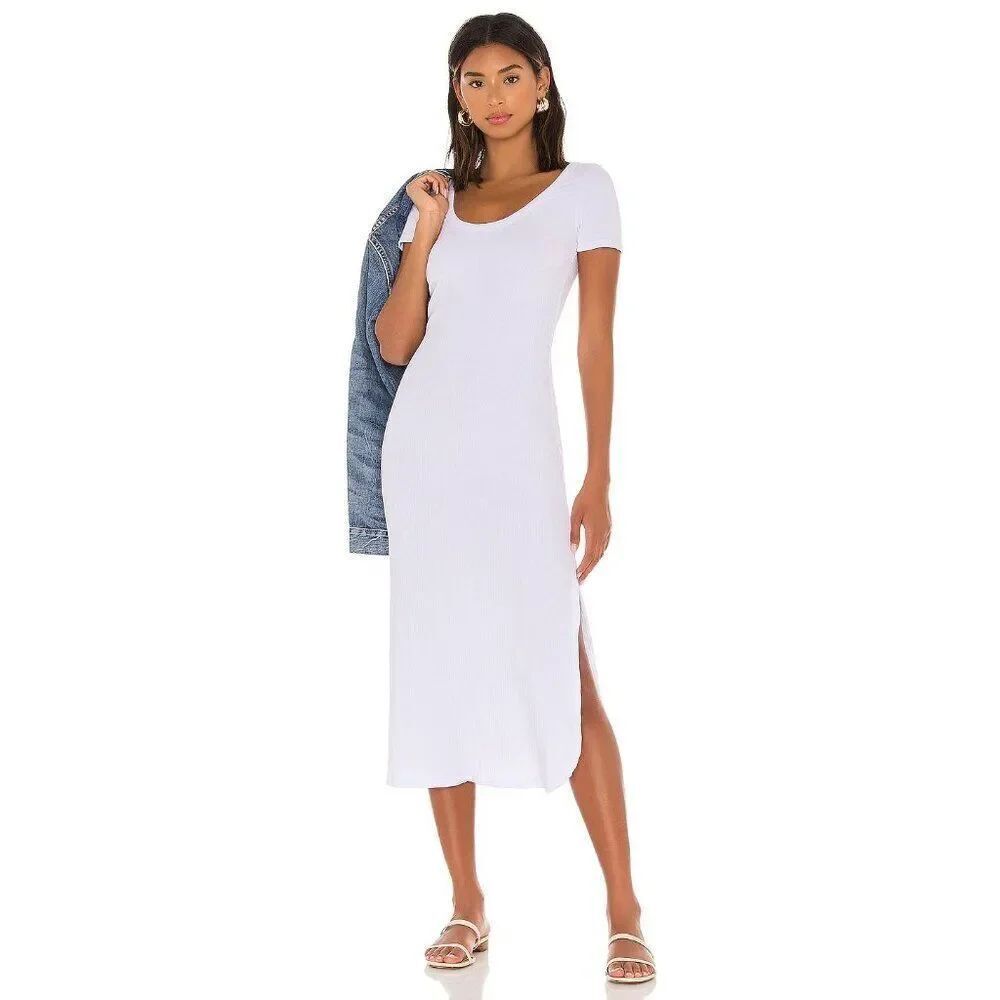 Vitamin A Womens Catalina Tee Dress XS White Ribbed Knit Slit scoop neck NWT